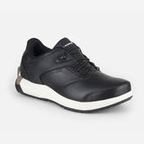 Powerlace Urban Leather Wide auto-lacing leather shoe in Black/Cream, angled view