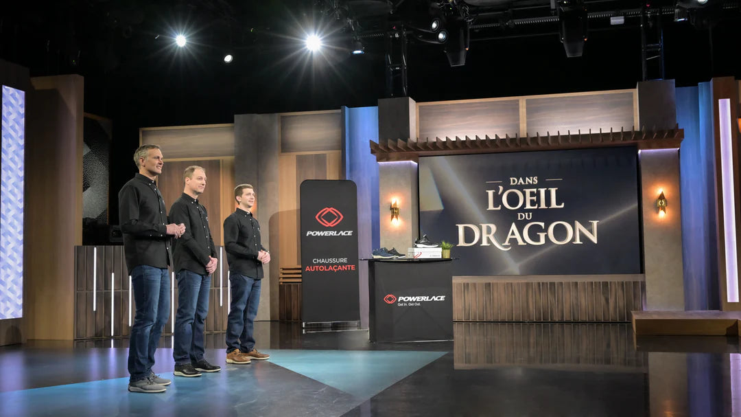 Powerlace founders presenting auto-lacing shoes on Dragons’ Den Canada